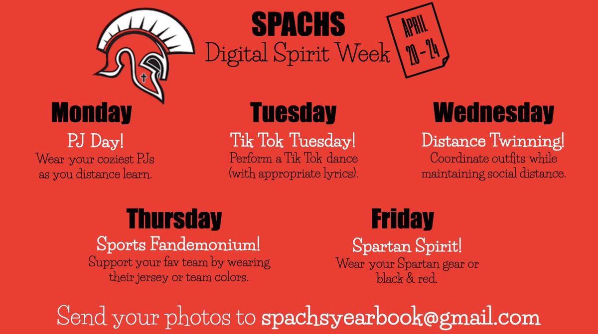 - -Even with distance between us- - We are a community. We are in this together. We are Spartans.❤️🖤Join us in participating in SPACHS Digital Spirit Week, April 20 - 24. Share photos via social media #spachs #spartanpride #ecsrdSTRENGTH &amp; email pics to spachsyearbook@gmail.com