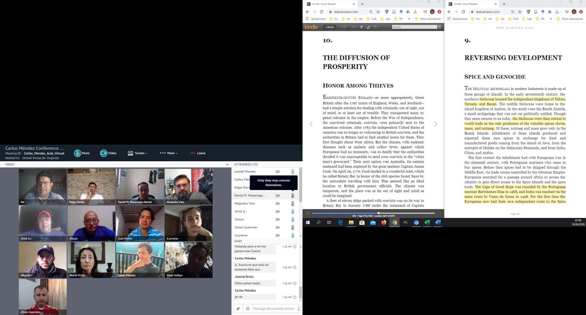 Interesantísima sesión seminario "Why Nations Fail" (cap. 9 y 10) con profesores de Ingeniería <a href="/FCEUFM/">FCE-UFM</a> <a href="/UFMedu/">UFM</a> esta vez contamos con <a href="/elprofe/">🇮🇱 Isaac Sultan 🇮🇱</a> 👍como invitado. Muy buena discusión y comentarios. Es inevitable hacer conexión de lectura con Guatemala y situación mundial :o)