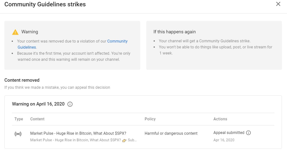 ToneVays's tweet photo. BANNED by @Youtube 😢. This Morning's Video was removed for being "Harmful &amp; Dangerous Content". Hope @TeamYouTube can take a look as this has happened to me in the past &amp; these videos were found to be compliant :(. Almost 100K subs. @ytcreators 
https://t.co/qRBQGzfO7e https://t.co/xbZngkoyBx