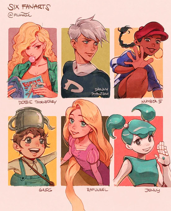 #SixFanarts but double it!

This took way too long lol but thanks so much for the suggestions!! This was a really good practice and a sweet way for me to draw some of my cartoon favs, finally! 🥺 