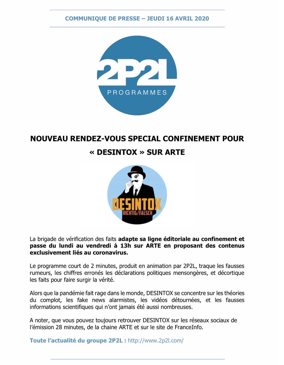 COMMUNIQUÉ ❗️nouveau rdv spécial confinement pour DÉSINTOX sur ARTE ! Une Prod <a href="/2p2l/">2p2l</a> <a href="/jcaza/">Jérôme Caza</a> <a href="/AntoinePiwnik/">Antoine Piwnik</a> ! Rdv Du lundi au vendredi à 13h !