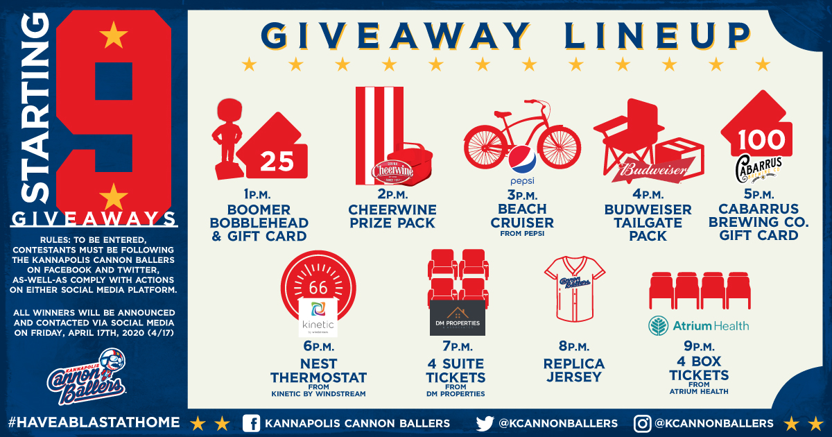 Kcannonballers's tweet image. All day long we’ll be having some special giveaways! Here is a sneak peek of the lineup. Tune in starting at 1 p.m. and then on the hour, every hour, and RETWEET for a chance to win! #HaveABlastatHome