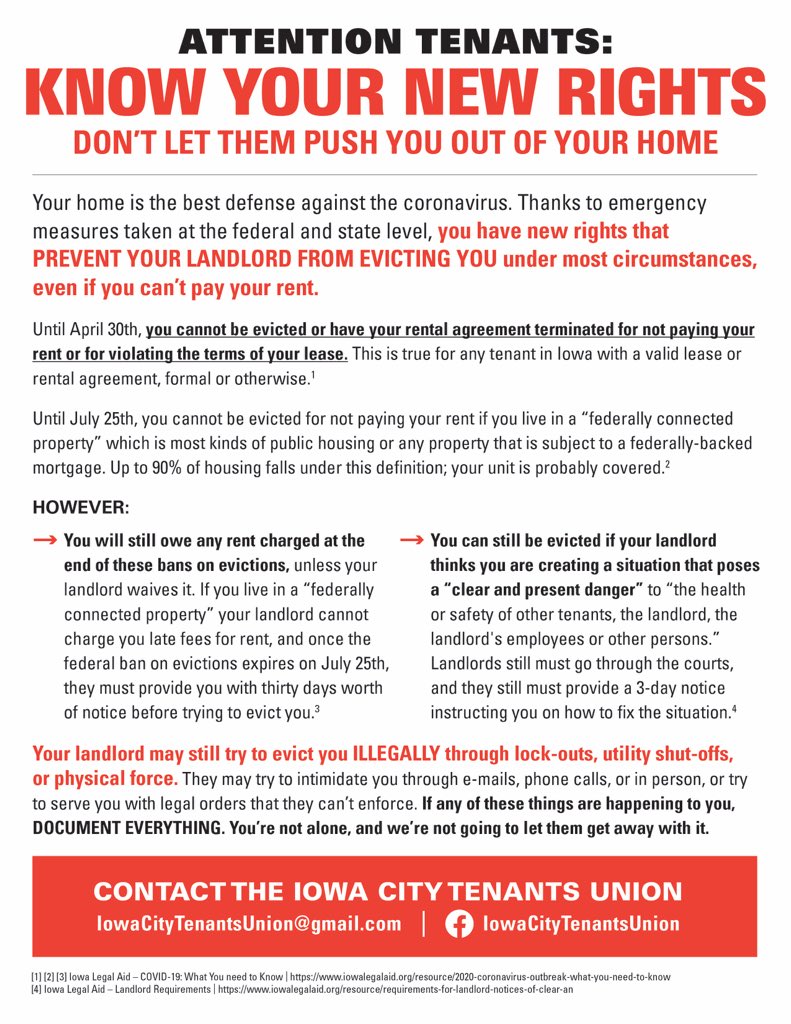 ICTenantsUnion's tweet photo. Attention Iowa Tenants!

Don’t let scummy landlords try to push you out during a global crisis. Know your new rights!

You are not alone! https://t.co/hTKGtKXSha