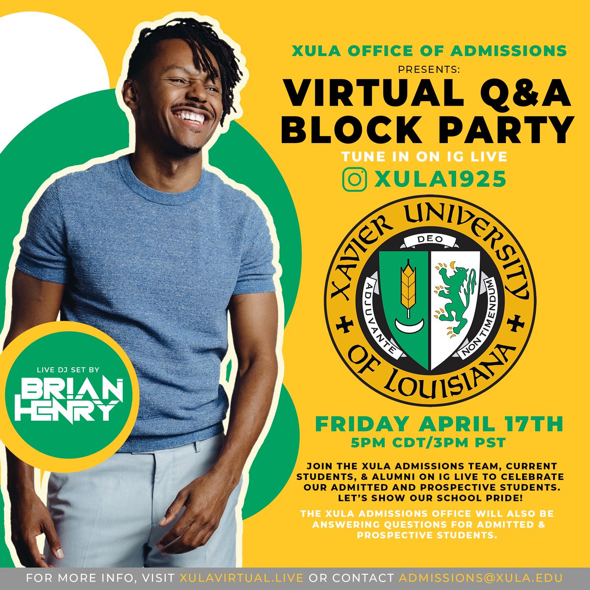 XULA1925's tweet image. You’re invited to our #virtualblockparty TOMORROW! Party with @itsbrianhenry and the #XulaFamily as we come together to celebrate our new students!  #StayHomeStaySafe #XULAblockparty