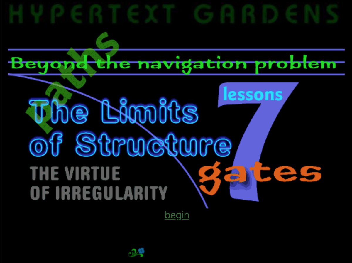 15. Mark Bernstein's 1998 essay / explorative experience "Hypertext Gardens" -  http://www.eastgate.com/garden/ "Unplanned hypertext sprawl is wilderness: complex and interesting, but uninviting. Interesting things await us in the thickets." This design aesthetic