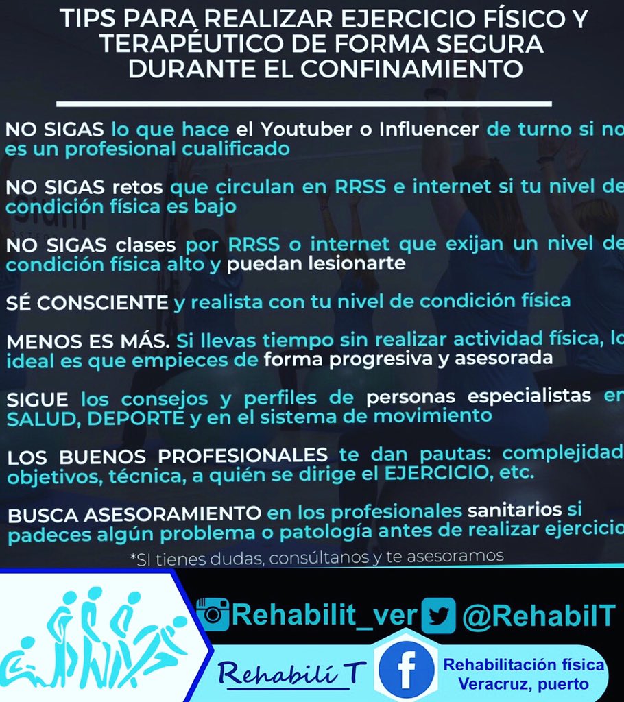 RehabilT's tweet photo. Si forman parte del grupo de riesgo y les resulta imposible acudir a rehabilitación, les dejamos los siguientes consejos.

También estamos a su disposición a través de las diferentes plataformas y redes sociales para una atención personalizada. Contáctanos... https://t.co/KC2Unca3L6