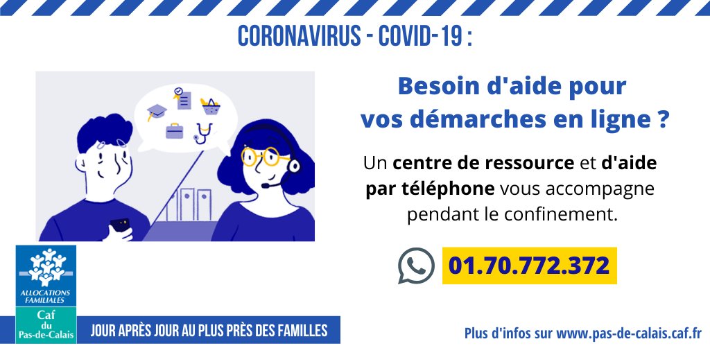 CafPasdeCalais's tweet photo. #COVID19 #solidaritenumerique 
👩‍💻 Besoin d'aide pour vos démarches du quotidien en ligne ?
➡️ La plateforme https://t.co/gIwbTpIxxB est toujours disponible.
📞 Des médiateurs numériques vous accompagnent du lundi au vendredi de 9h à 18h au 01 70 772 372 https://t.co/A1A40we0Ha