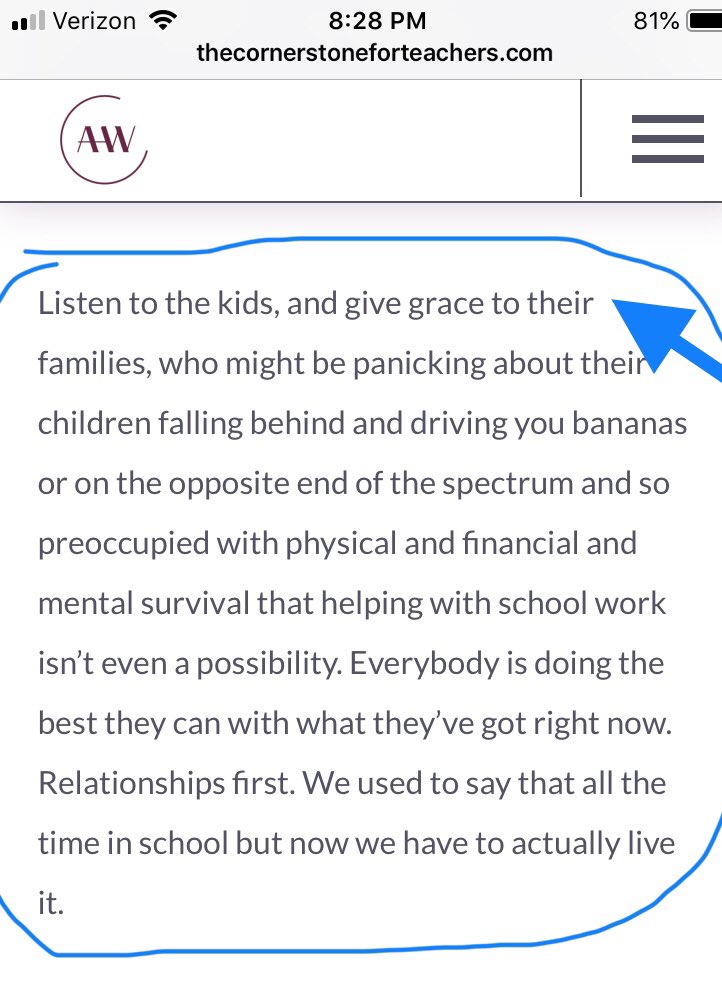 jdarlingesol's tweet photo. Couldn’t be more true right now! Striving to be a source of consistency and comfort for my students and families now more than ever. Well-said @Angela_Watson #grace https://t.co/SU1BJjSAhL