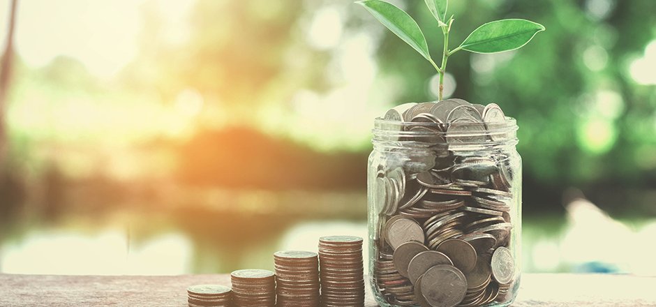 jar of coins with a plant growing out of it