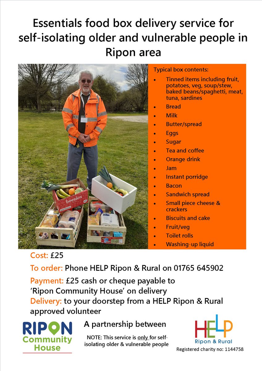 Our HELP #Ripon &amp; Rural team is working with <a href="/RiponCommunity/">RiponCommunityHouse</a> to offer food boxes to older &amp; vulnerable people in #Ripon area struggling to get hold of essentials <a href="/RiponTogether/">Ripon Together</a> <a href="/riponcathedral/">Ripon Cathedral</a> <a href="/Ripon_City/">Ripon City Council</a> <a href="/RWalledGarden/">Ripon Community Link at Ripon Walled Garden</a> @StrayFM <a href="/RiponRover/">Ripon Gazette</a> pls RT