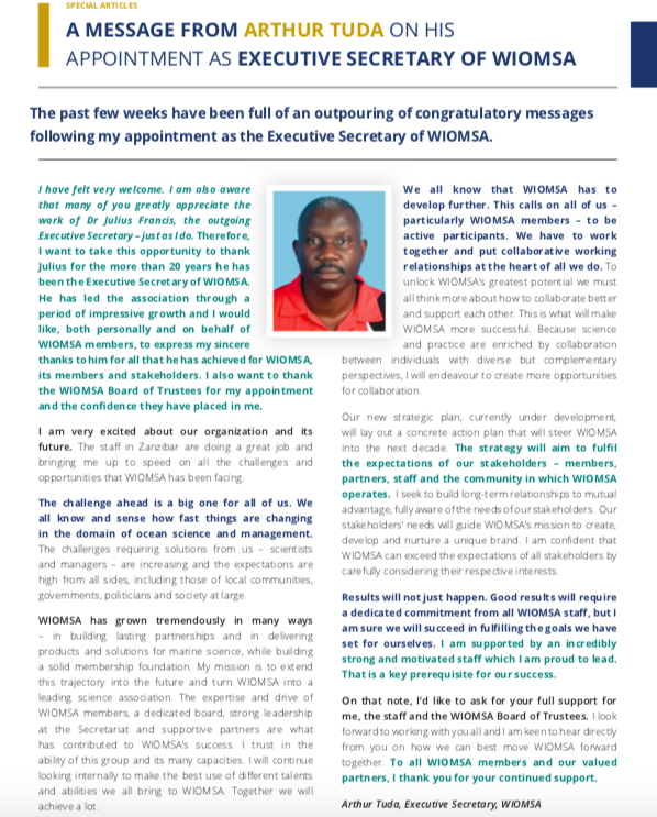 wiomsa's tweet photo. Have you had time to read the latest WIOMSA newsbrief yet?

Among other interesting articles you will find a special message from WIOMSAs new Executive Secretary, Dr Arthur Tuda, in the newsbrief.

Read the full newsbrief here: https://t.co/92RCzlmWqn https://t.co/m83H7QPPjB