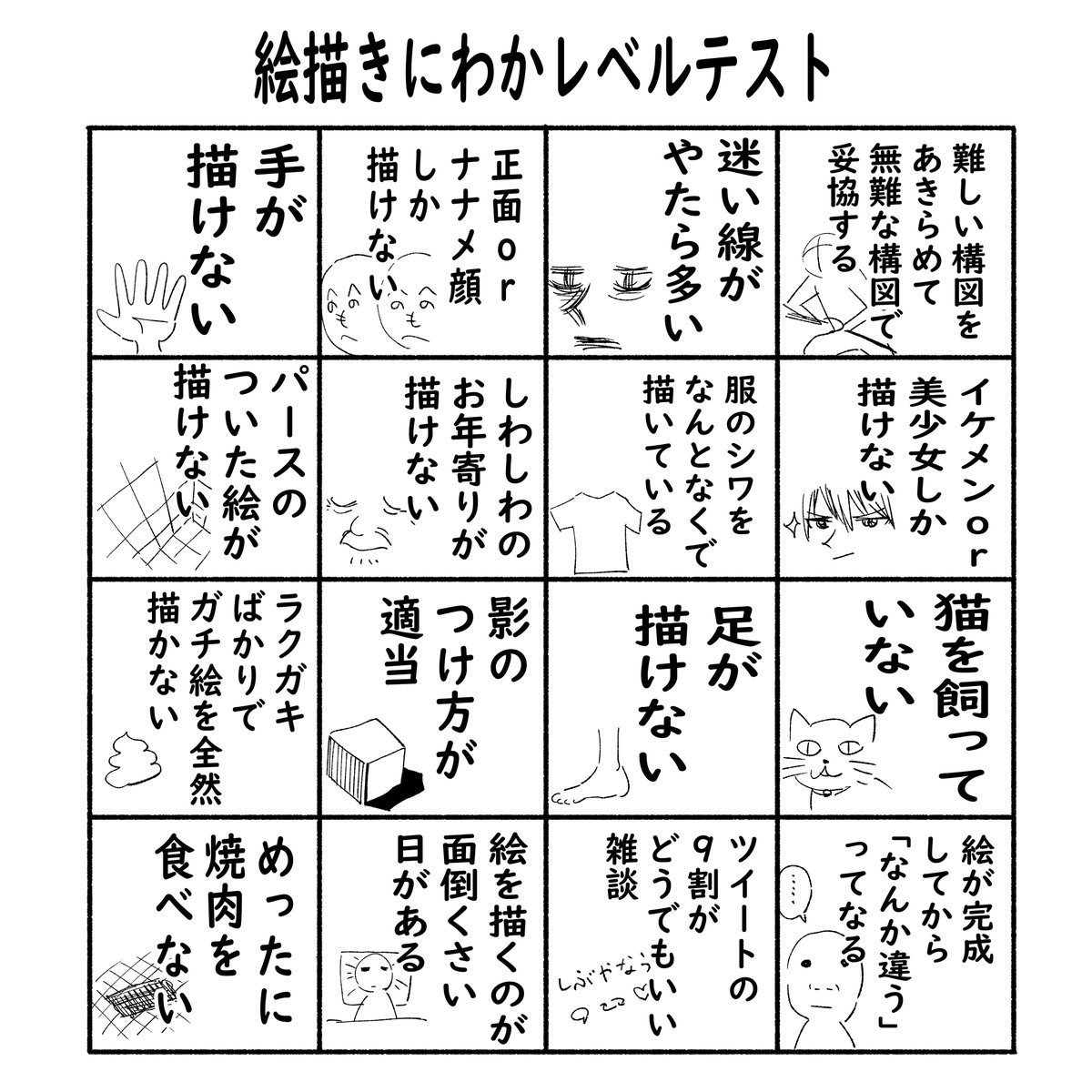 にわか絵描きあぶり出しテスト作りました

0ビンゴ→神絵師
1～2ビンゴ→軽度のにわか
3～5ビンゴ→重度のにわか
6～全部→作者のお仲間。 