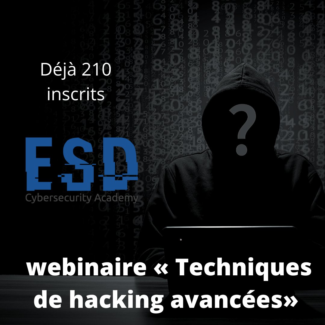 esd_academy's tweet image. Demain à 13h00 webinaire « Techniques de hacking avancées»
Rejoignez les 210 inscrits et nos animateurs Jeremy khalfa (@k_lfa et Matthieu Mollard (inf0sec.fr).

Inscription ici : meeting.zoho.eu/meeting/regist…

#hacking, #cybersécurité #redteam  #FR #EU @inf0sec1 @K_lfaa