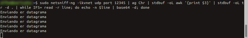 seguridadyredes's tweet photo. #TrasteaTonteando con #netsniff-ng & #nc $ ssh
echo "Enviando er datagrama"|base64| nc -w 1 -p11111 -u 10.5.5.38 12345
sudo netsniff-ng -ivpnet udp port 12345|ag Chr| stdbuf -oL awk '{print $3}' |stdbuf -oL tr -d . |while IFS= read -r line; do echo -n $line |base64 -d;done https://t.co/sJZSpYUlT1