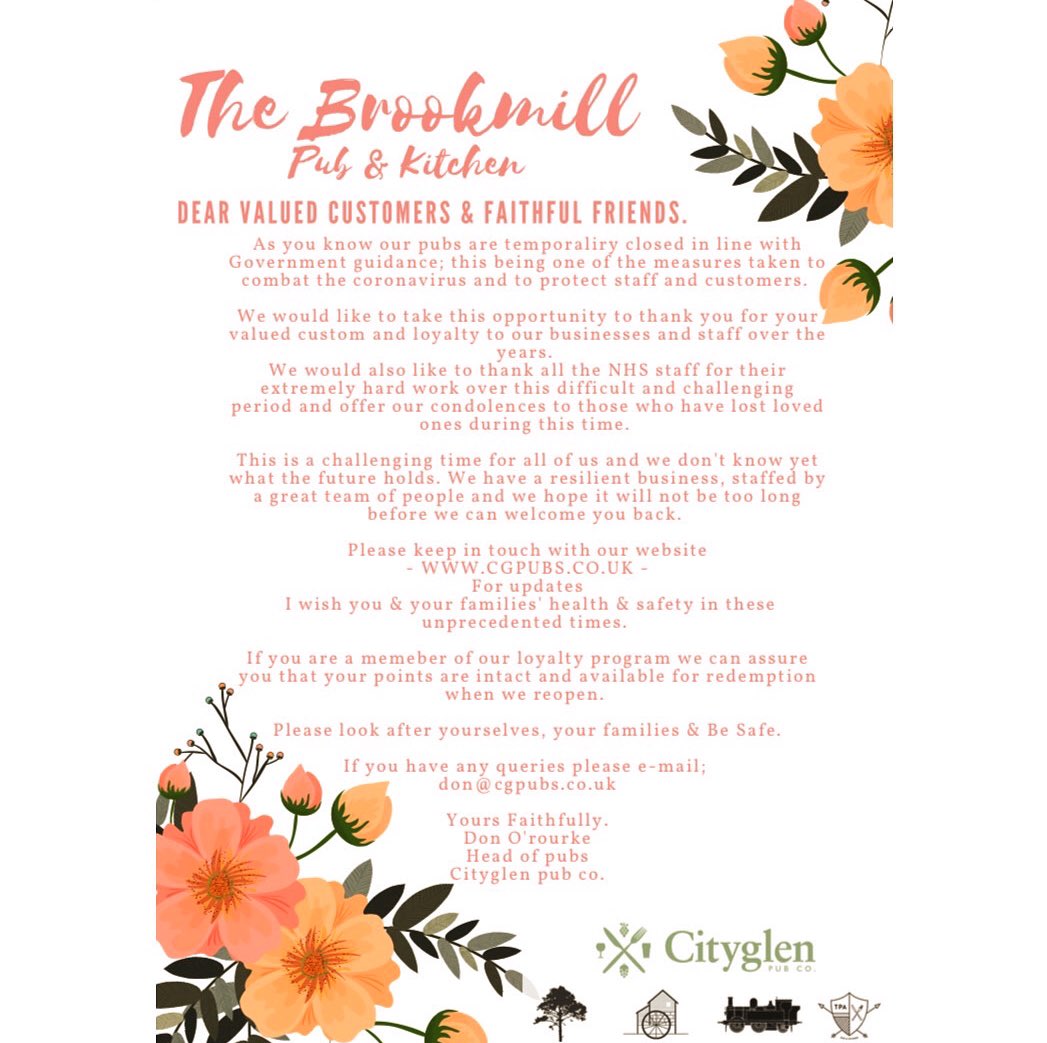 A message from us to our dear valued customers &amp; faithful friends, we can’t wait to welcome you back, thank you for your patients during this time. Brookmill &amp; Team x