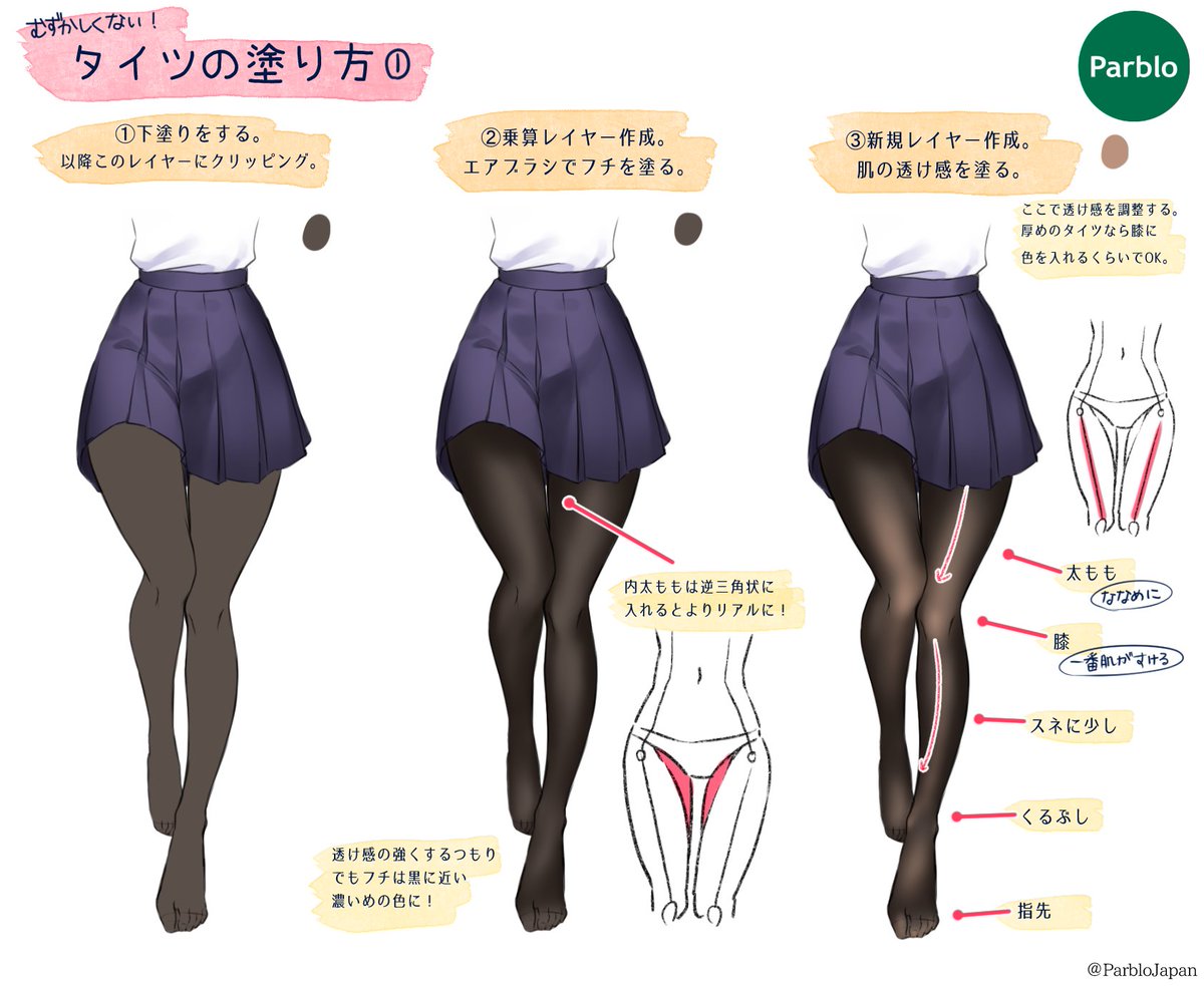 本日はタイツの塗りかた！ 下塗りと繊維を描くところ以外はすべてエアブラシで塗っています ️ お試しあれ #イラスト好きな人と繋がりたい ...