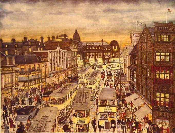 HWarlow's tweet image. Terry ‘Sheffield’ Gorman again this time with ‘Haymarket Sheffield’.  It has everything in it.  I love his pictures and not just because it’s Yorkshire