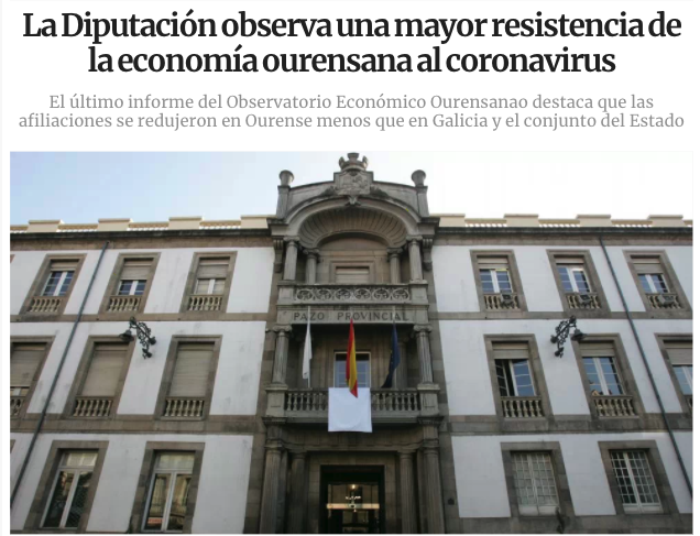 DeputacionOU's tweet photo. 🗞@VozOurense "La @DeputacionOU observa una mayor resistencia de la economía ourensana al coronavirus"
El último informe del Observatorio Económico #OEOu destaca que las afiliaciones se redujeron en Ourense menos que en Galicia y el conjunto del Estado  https://t.co/di2DakcFL1 https://t.co/O6nsPvj5i1