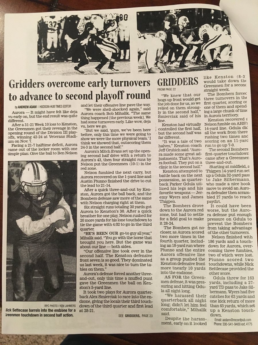 GreenmenFB's tweet image. Aurora Top Playoff Games 2001-2019: #11- 2014 1st Round Aurora 42 Kenston 24: In week 10 the Greenmen undefeated season was ruined by Kenston 31-21. A rematch in week 11 found Aurora down 21-7 at half. The Greenmen outscore the Bombers 35-3 in the second half to win 42-24!