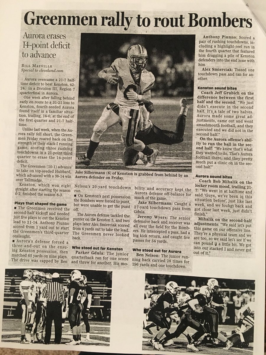 GreenmenFB's tweet image. Aurora Top Playoff Games 2001-2019: #11- 2014 1st Round Aurora 42 Kenston 24: In week 10 the Greenmen undefeated season was ruined by Kenston 31-21. A rematch in week 11 found Aurora down 21-7 at half. The Greenmen outscore the Bombers 35-3 in the second half to win 42-24!