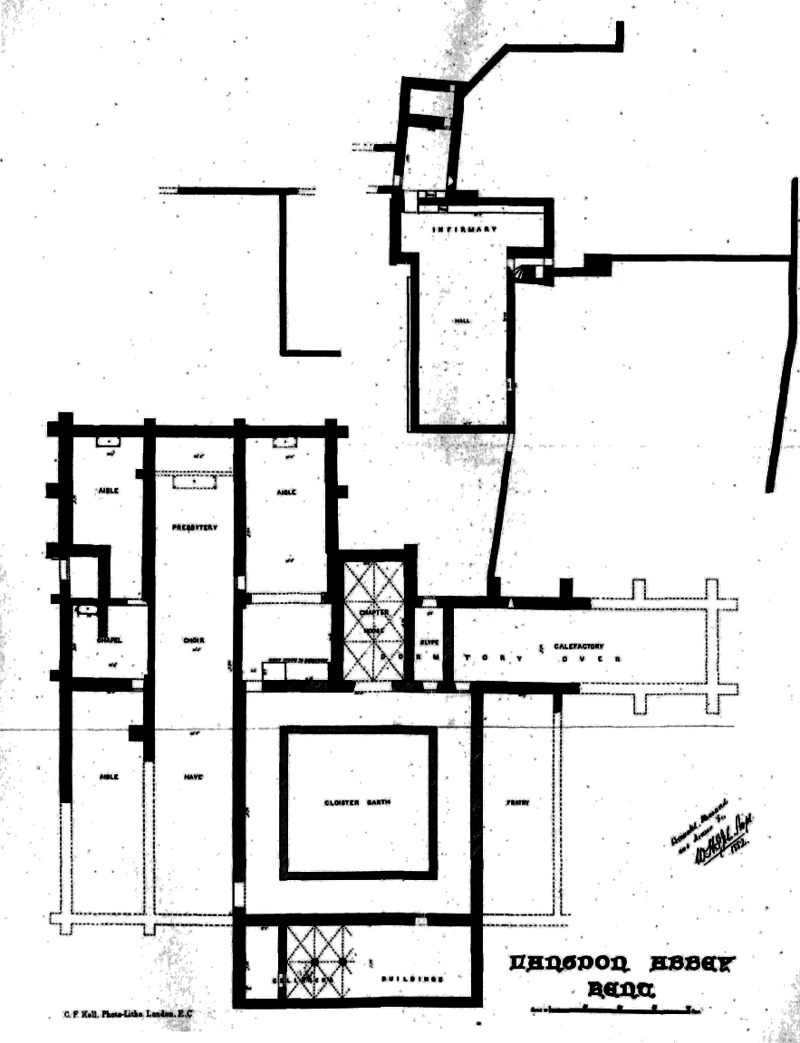 West Langdon Abbey, Premonstratensian, founded 1192. Another early dissolution in 1535 (perhaps the first). Excavated by St John Hope in 1880. Easy to overlay as the 18thc house is built over the W range. The springings of the undercroft vault survive inside the house.