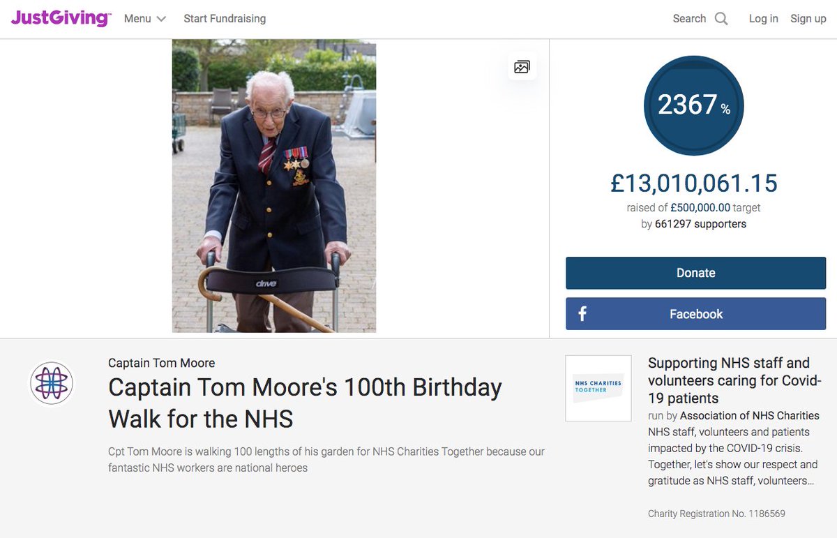 drewb's tweet image. Unbelievable. Tom's just smashed £13m!! 

Captain Tom Moore, the 99-year-old war veteran who's walking 100 laps before his 100th birthday, just wanted to raise £1k for the NHS. Wearing his full uniform and medals. Such an amazing story. @captaintommoore 

justgiving.com/fundraising/to…