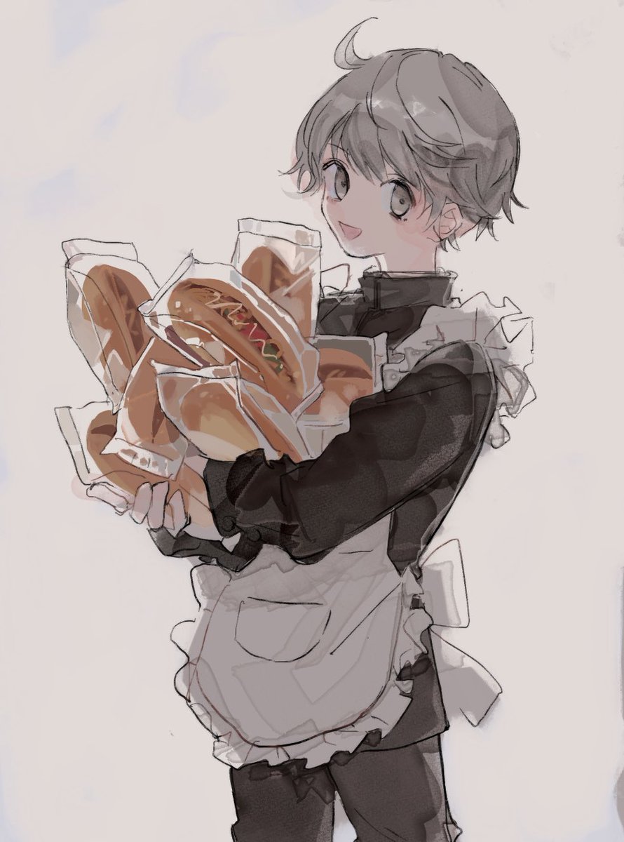 male focus 1boy solo apron food holding grey hair  illustration images