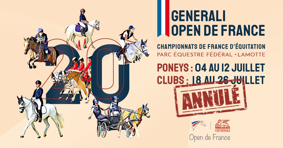 FFEquitation's tweet image. A la suite des déclarations d'@EmmanuelMacron , prolongeant le #confinement des Français &amp;amp; évoquant la possible organisation de rassemblements de personnes à compter du 15 juillet prochain, le Generali Open de France 2020 est annulé.
Infos sur ffe.com/Actualites-spo…
#GOF2020