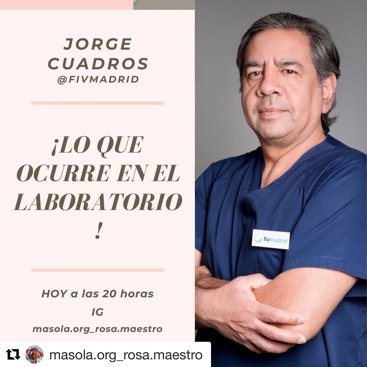 Hoy a las 20.00 en el #instagram <a href="/masola/">Masola</a>.org_rosa.maestro directo con Jorge Cuadros, embriólogo clínico y director del laboratorio de <a href="/Fiv_Madrid/">FivMadrid</a> Quien nos acercará a lo que ocurre en el laboratorio y hablará del estrés en la infertilidad #reproducciónasistida #infertilidad