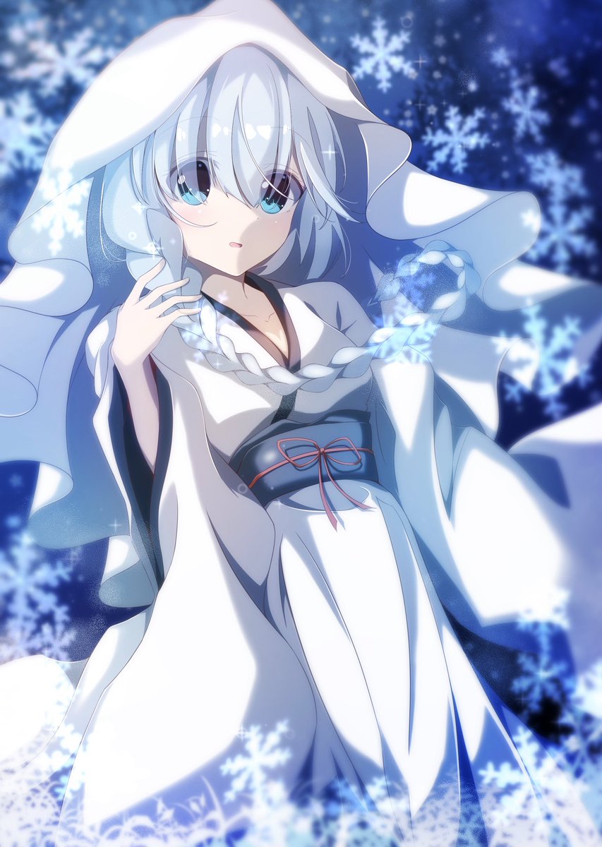 1girl solo kimono japanese clothes white kimono snowflakes blue eyes  illustration images