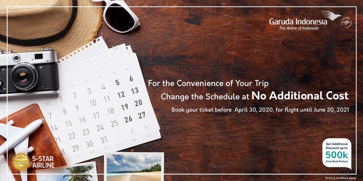 No need to worry if you haven't decided your schedule to fly back to your country, because we give you the best flexibility to reschedule up to 3 times without an additional fee for tickets booked on March 17 - April 30, 2020. T&amp;C: garuda-indonesia.com/id/en/special-…