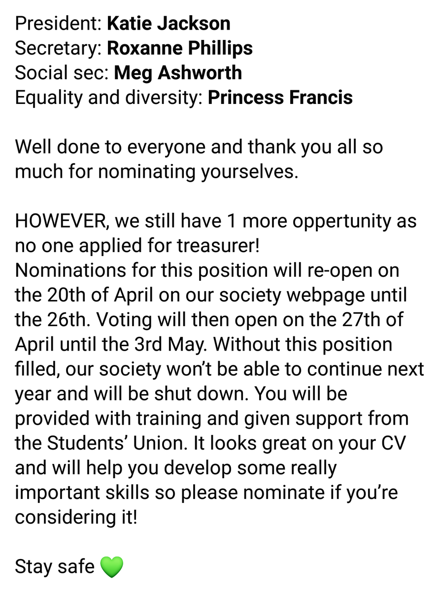 SHUParaSoc's tweet photo. OUR NEW COMMITTEE RESULTS ARE OUT! 
Well done everyone so deserved 💚
Please don't forget to apply for treasurer! https://t.co/gVGDEDng19