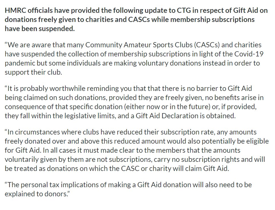 CharityTaxGroup's tweet photo. HMRC officials have provided a helpful reminder that donations freely given to charities and CASCs while membership subscriptions have been suspended may be eligible for #GiftAid. We are hoping for clarification on simplifying #GASDS processes soon too https://t.co/b87pJj1CSY https://t.co/U45OnLZ926