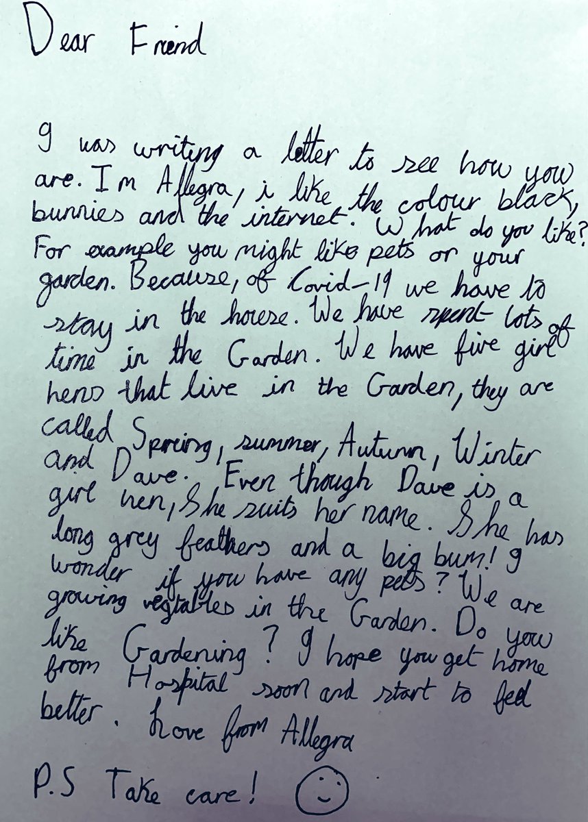 JaneConroyNHS's tweet photo. At @QEGateshead we’ve some excellent #PatientExperience initiatives so families can keep in touch with their loved ones via emailed letters. Those without family post can receive anonymous letters from the public that might make them smile like this one ❤️ https://t.co/s1imxCK9oK https://t.co/trvUBseTb0