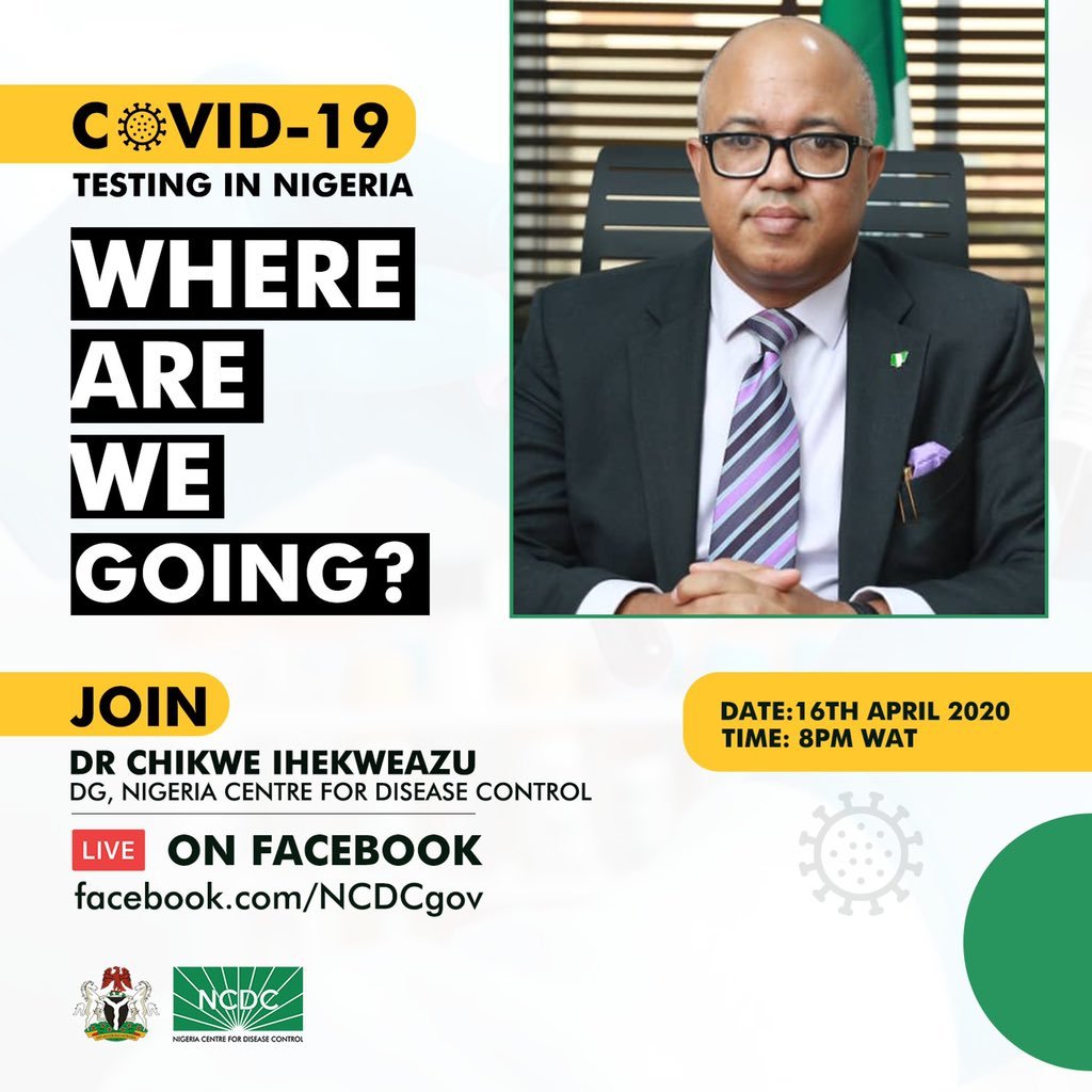 EpiAFRIC's tweet photo. Join the DG of @NCDCgov @Chikwe_I, on Facebook Live by 8pm tonight, as he answers your questions on Lab Capacity, Testing Strategy and more.
JOIN VIA: https://t.co/Xd6qRWmjQu
Send questions using:
#AskNCDC #TakeResponsibility https://t.co/bzflDJDY8L