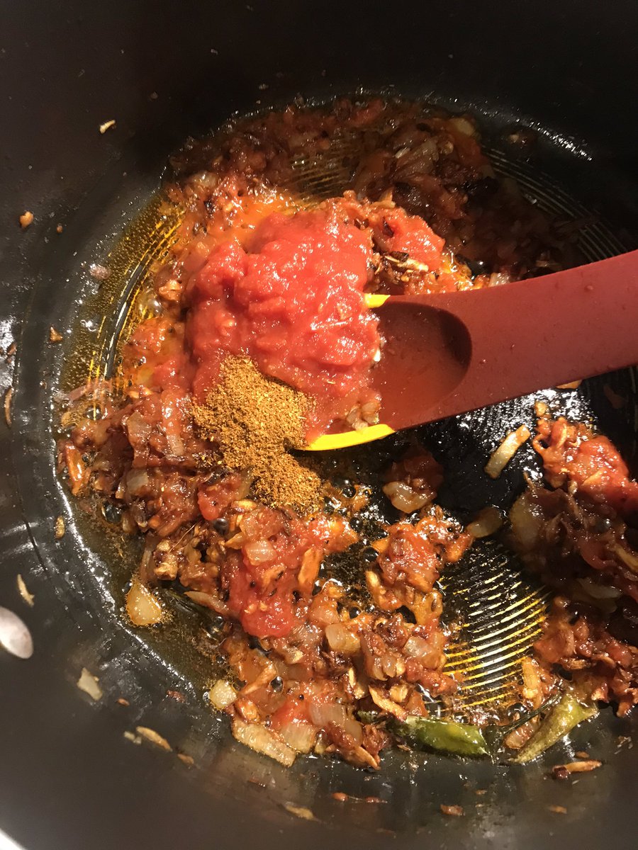 Next add in the chopped onion & fry till the onion is a light brown colour. You should be able to see the colour difference between the darker garlic/ ginger & lighter onion. Add chopped tomatoes, salt & a T-spoon of garam masala. Fry well.(Buy a good brand: MDH is my reco) /8