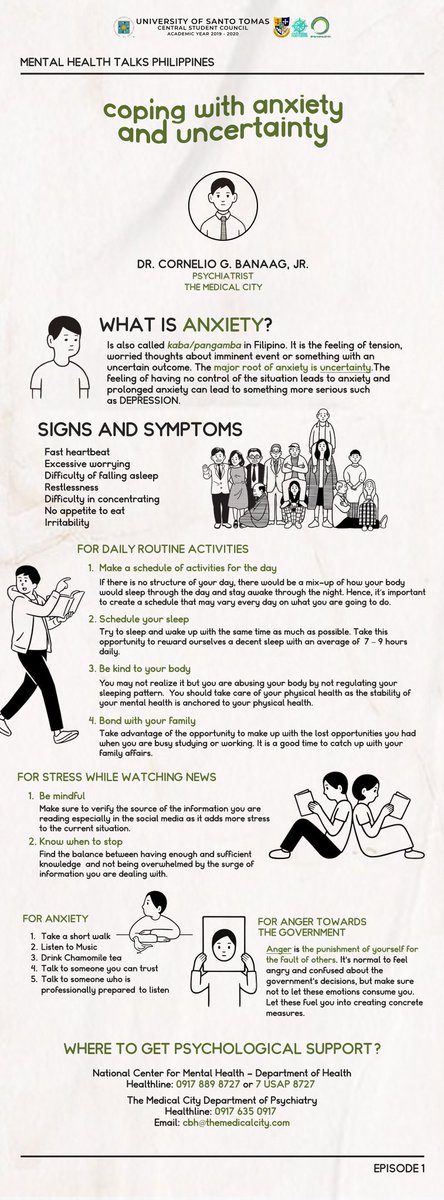 ust_csc's tweet image. Wondering how to maintain a healthier and more stable mindset despite the pandemic? Mental HealthPH&apos;s webinar series could help!

Episode 1 talks about coping with anxiety and uncertainty. Here are some helpful tips from Dr. Cornelio G. Banaag Jr.

#MHTalks
#CSCFartherAndFurther