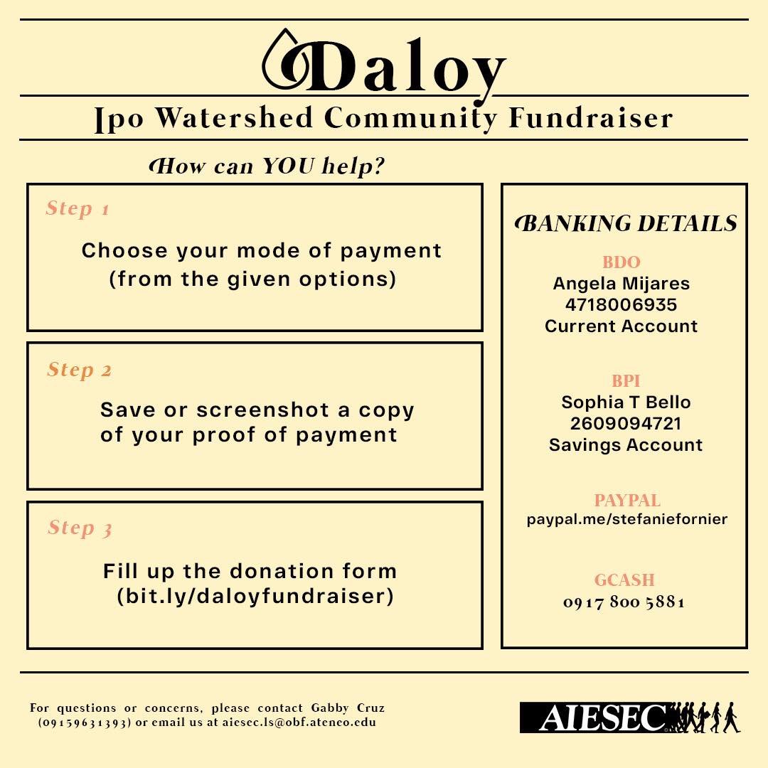 AIESECinAdMU's tweet photo. AIESEC in AdMU is launching a DALOY, a fundraising project to support the 700 families living in Ipo Watershed. Your donations willl help to support their day-to-day needs as the ECQ continues, so these families can emerge from this crisis healthy and secure. #AIESECDaloy https://t.co/3X4gChZthL