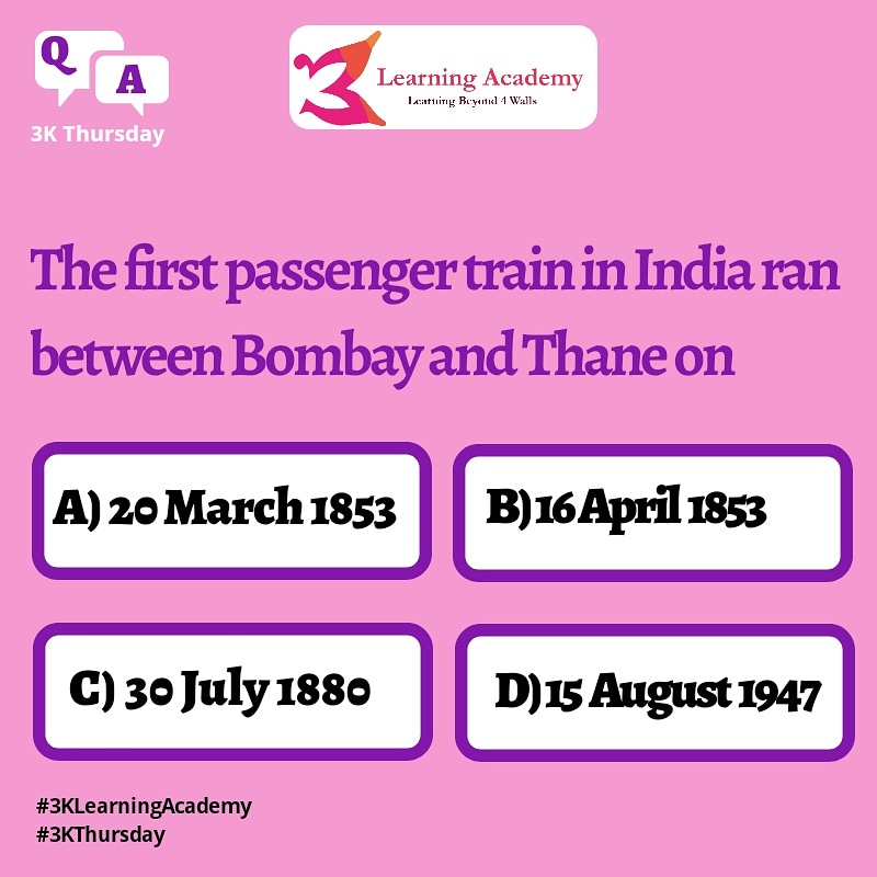 3Acdemy's tweet photo. Indian Railways is fourth largest railway network in the world.
Today's #3KThursday Quiz is based on Indian Railways. Let's see how much you know about Indian Railways.
#3KLearningAcademy #Quiz #indianrailways #IndianHistory #students #KeepLearning https://t.co/8IBX7BN0C8
