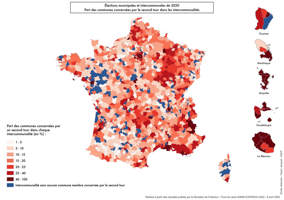 Principaux résultats : 153 intercommunalités (en bleu) dont les communes sont toutes renouvelées à l'issue du premier tour alors que 86 % des communes ne sont pas concernées par le second tour. Et une part des communes concernées variable en fonction des intercommunalités.