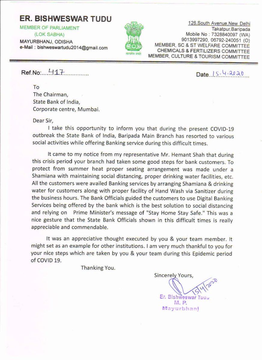 pkala87's tweet photo. Tough times don't last , but the efforts made to overcome the tough times lasts forever .

Thank you for your words of appreciation, Respected MP Er. Bishweswar Tudu. This will help us to serve even better .

Team Baripada , keep up the good work.
@TheOfficialSBI https://t.co/edSTTYQsrA