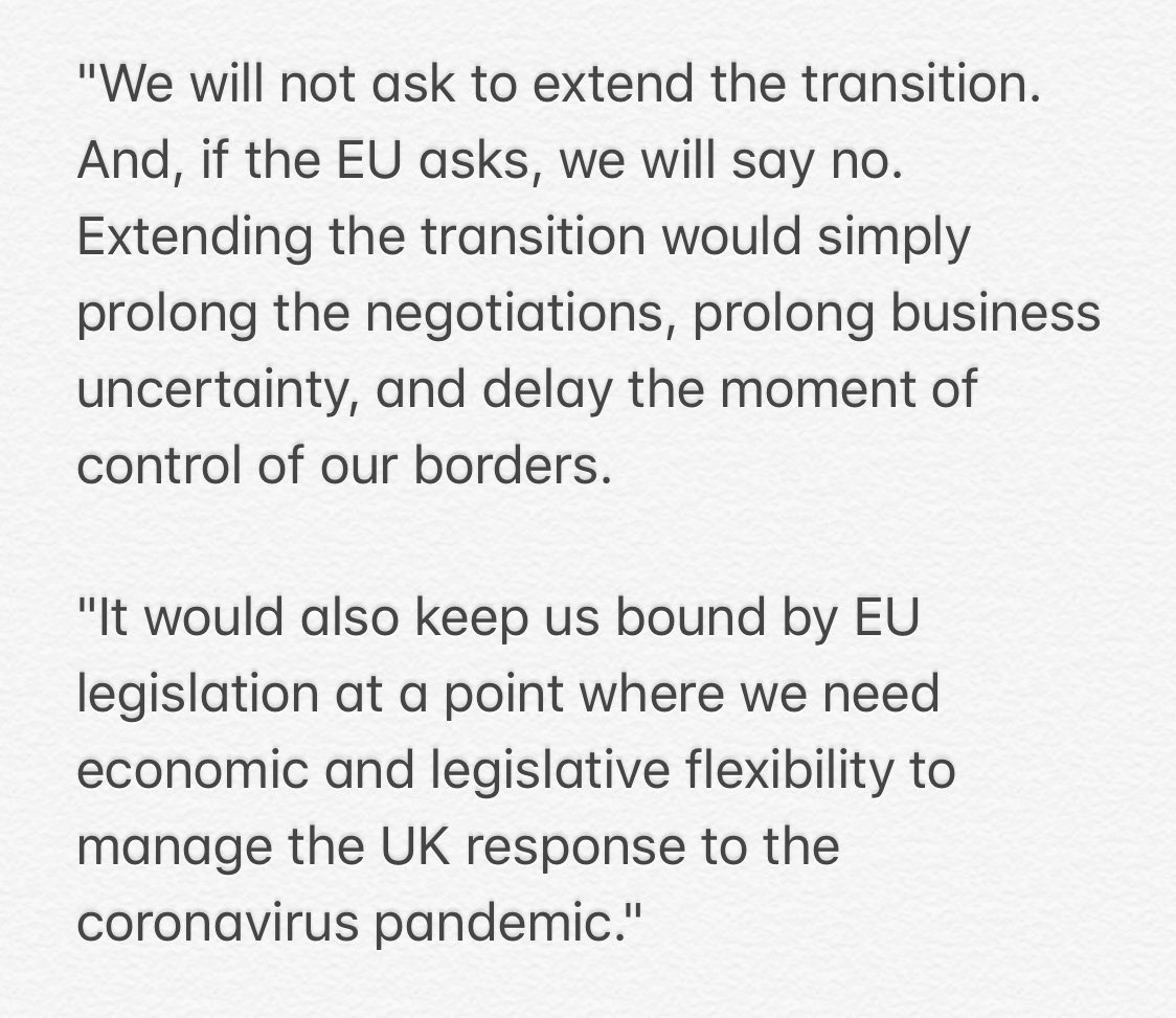 Boris Johnson’s spokesperson also said Brexit will give the UK “economic and legislative flexibility” to deal with the aftermath of coronavirus. Here’s the full quote: