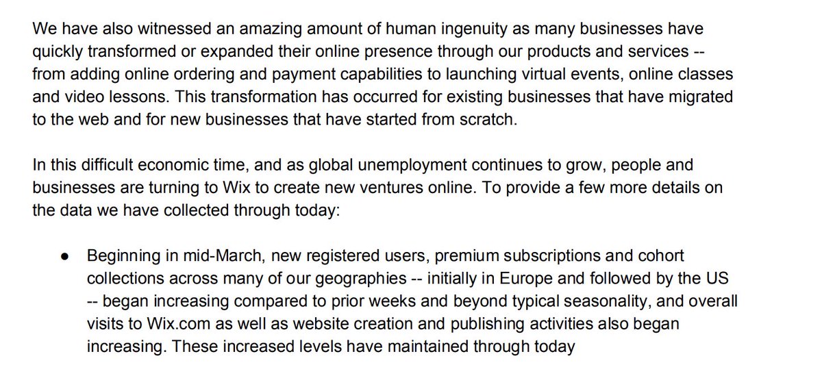 Website builders are also growing a lot during quarantine:  @Wix posted a shareholder update that they're seeing high growth due to more people building websites now; part of that is of course businesses that suddenly need a web presence e.g. for delivery  https://investors.wix.com/ 
