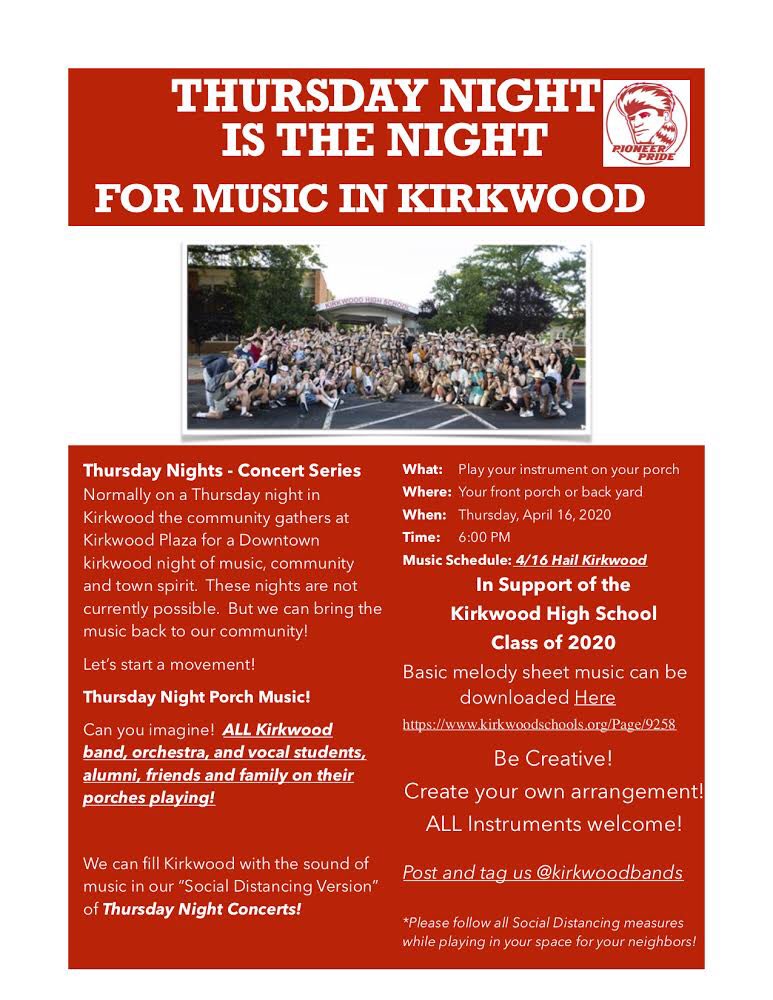 KirkwoodBands's tweet photo. Today is the day to celebrate our seniors!  Join us in CELEBRATING THE KIRKWOOD CLASS OF 2020!  Music can be found here https://t.co/xXYiiyyYrC .  All instruments and vocals are welcome! @kirkwoodhs @kwoodschools https://t.co/08uUngK6JX