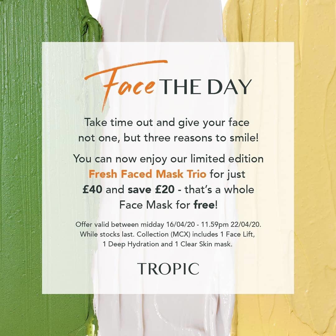 CowlingPaula's tweet photo. So today Tropic launched a fab offer on their masks so no excuse not to look your best ( even if you are self isolating ! ) shop today with free delivery too or pm me direct . #facemasks https://t.co/Kd03wQ7wwa