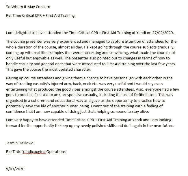 TimeCriticalCPR's tweet photo. We 🧡 recieving #feedback and #reviews from #clients and #participants it makes us realise what we do makes a #difference 
@jasminhalilovic so pleased you enjoyed the course and took away some newly polished #lifesavingskills 
#CPR #Firstaid #training #ThankYouThursday @RioTinto https://t.co/o1cqprdpwV