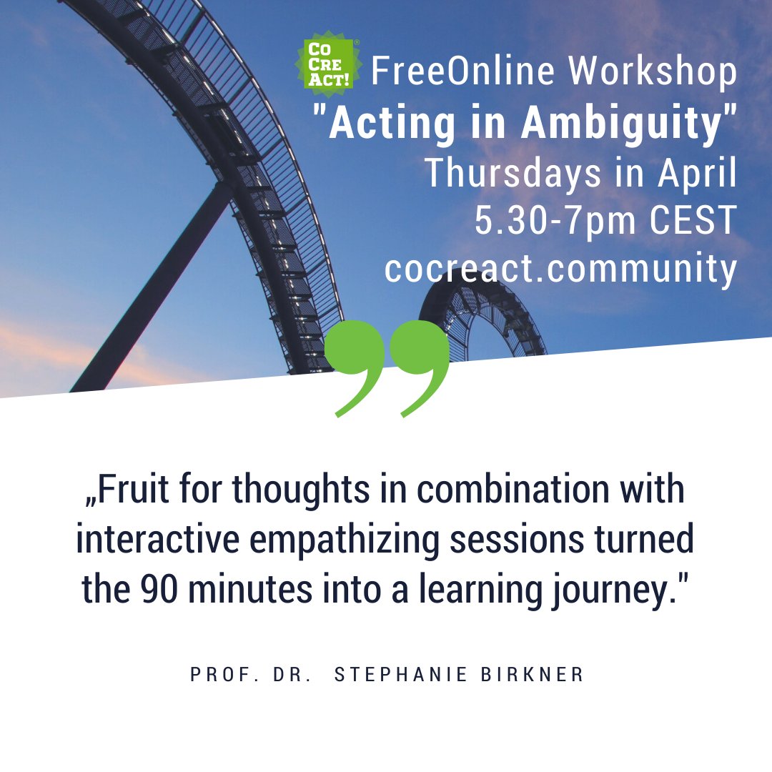 Isn’t being in #Ambiguity a good time to reflect how we act in it? This afternoon at 5.30pm CEST is the 2nd last chance to join our #freeonlineworkshop „Acting in Ambiguity“. Participants said it’s very experiential for a virtual event…

Sign up here cocreact.community/events/acting-…