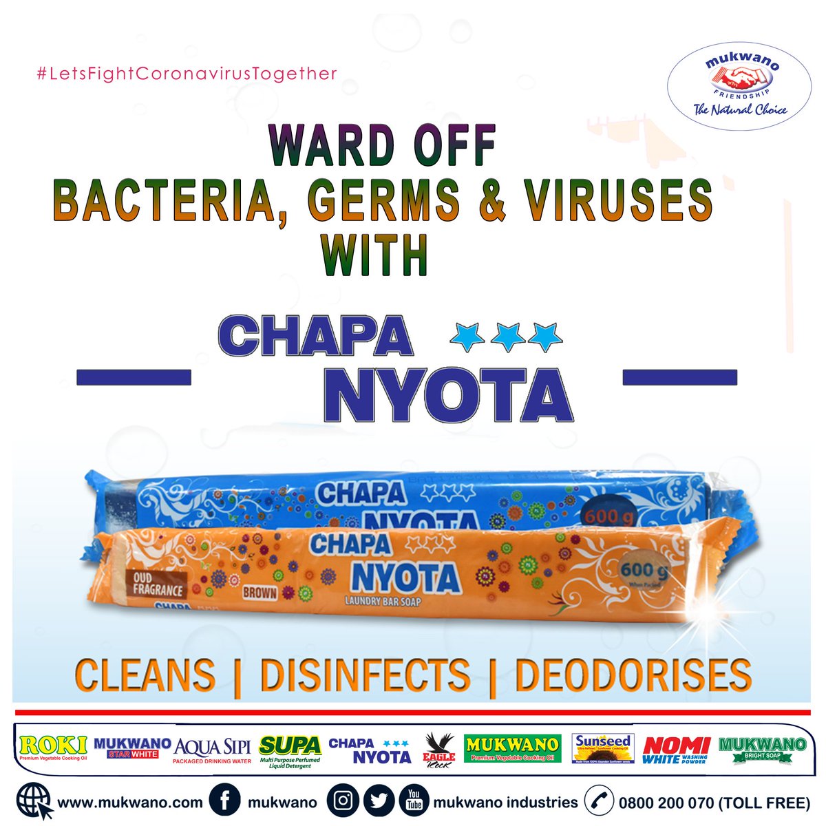 STAY SAFE!

Keep safeguarded with Chapa Nota, a quick wash will ward off those head-strong germs, bacteria or viruses!

#WashYourHands #WashToCare #StayHomeSaveLives #StayHome #COVID19Pandemic
#Mukwano