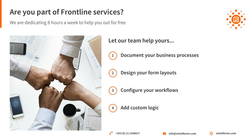 Working in frontline services? We are dedicating 8 hours a week to help you out for free! We can help with documenting your process & configuring forms including workflow and logic. Feel free to reach out and we will do our best to assist you. #COVID19 #LetsBeatThis #SintelForms