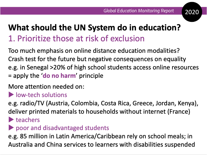 GEMReport's tweet image. "We should not only focus on the high-tech end of solutions, but also on the low-tech solutions to ensure we don't leave some of those students who must benefit, behind" - Manos Antoninis, Director of GEM Report.

#WISEALLIN #FutureEd #SGSedu #LearningNeverStops #COVID19
